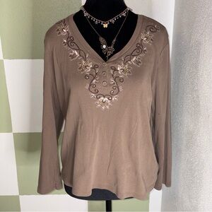 Karen Scott Brown Long Sleeve Tee with Embroidered Neckline